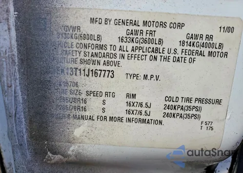 2001 Chevrolet Tahoe K1500 z USA, uszkodzony, nr VIN 1GNEK13T11J167773